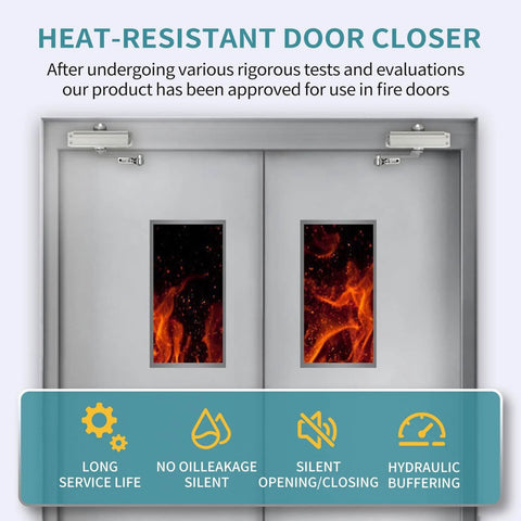 Heat-resistant door closer installed on double doors, featuring medium duty hydraulic mechanism for fire door application.