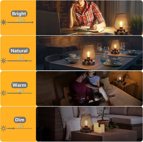 Four lighting modes of Two Pack USB Rechargeable Cordless Table Lamps With Four Lighting Modes, Battery Powered Indoor Outdoor Bronze Metal Lamps With Bulb Included, Perfect For Patio, Bedroom, Living Room shown in various settings.