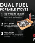 Dual Fuel Portable Gas Stove With Carrying Case - Propane Or Butane Camp Stove, Patented Design, shown with butane canister