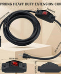 No Fuss Heavy Duty Three Prong Outdoor Extension Cord With Wet Resistant Inline Toggle And Fully Grounded Outlets Crafted From Durable 14 3 Sjt Wire For Badass Backyard Setups And Smooth 1875 Watt Power Delivery Across Sixteen Point Five Feet showing the extension cord with toggle switch and plugs.