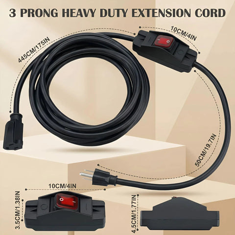 No Fuss Heavy Duty Three Prong Outdoor Extension Cord With Wet Resistant Inline Toggle And Fully Grounded Outlets Crafted From Durable 14 3 Sjt Wire For Badass Backyard Setups And Smooth 1875 Watt Power Delivery Across Sixteen Point Five Feet showing the extension cord with toggle switch and plugs.