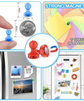 Strong magnetic push pins holding papers and photos on fridge, shown next to coin for size comparison.