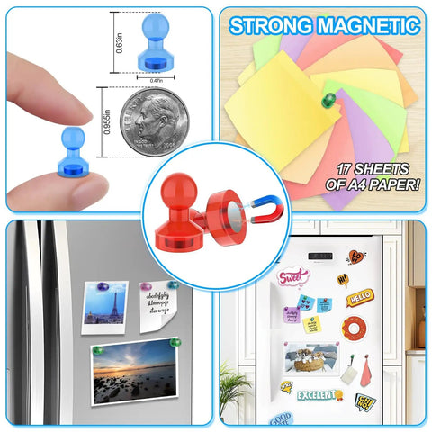 Strong magnetic push pins holding papers and photos on fridge, shown next to coin for size comparison.