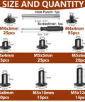 Hella Tough Chicago Screws Kit With 120 Sets Of Versatile Leather Rivets Includes Two Solid Install Tools showing sizes and quantities of rivets.