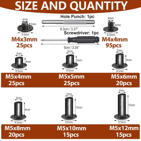 Hella Tough Chicago Screws Kit With 120 Sets Of Versatile Leather Rivets Includes Two Solid Install Tools showing sizes and quantities of rivets.
