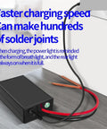 Portable DIY Spot Welder Kit with 6 Speed Adjustable Energy Storage Technology Mini Beast charging on wooden surface