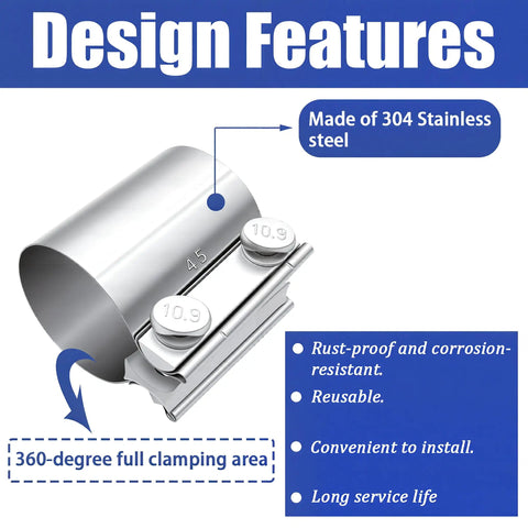 Design features of Two Pack 1.75 Inch Stainless Steel Exhaust Clamp Band Butt Joint Universal Widening Clamp for Exhaust System
