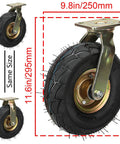 Built Like A Tank Heavy Duty 10 Inch Air Filled Rubber Swivel Caster Wheels 4 Pack with 9.8 in diameter pneumatic tires.
