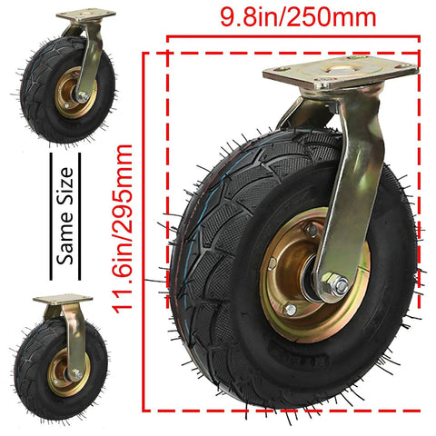 Built Like A Tank Heavy Duty 10 Inch Air Filled Rubber Swivel Caster Wheels 4 Pack with 9.8 in diameter pneumatic tires.