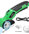 4V Cordless Electric Scissors Rechargeable Box Cutter With 2000mAh Battery, black and green design, accessories included.
