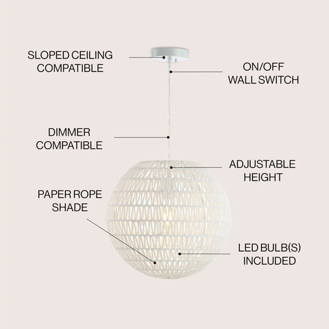 15.7 Inch White Modern Bohemian Woven LED Pendant Light With Adjustable Hanging Ceiling Lamp For Kitchen Island And Dining Room, Paper Wicker Shade, Bulb Included, Sleek And Lit