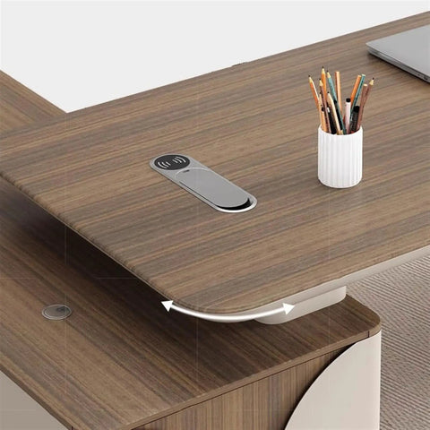 Close-up of the Ultimate Sit Stand Desk Boss Level Workstation with wireless charger and smooth wood finish.