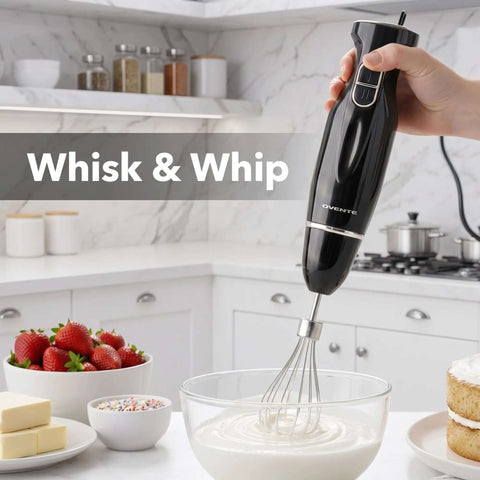 Badass Electric Hand Blender Set With Dual Speed Settings And 300 Watt Motor Includes Whisk Tool And Bpa Free Chopper Cup For Knockout Smoothies Purees And Protein Shakes In Matte Black while whisking cream in a bowl.
