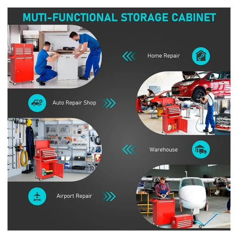 Beefy Rolling Tool Chest With Detachable Top, Locking Wheels, And Drawer Liners, Heavy Duty Steel Cabinet For Garage, Shop, And Warehouse, Built Tough, Rustproof, Scratch Resistant Tool Storage Organizer shown in garage and repair shop