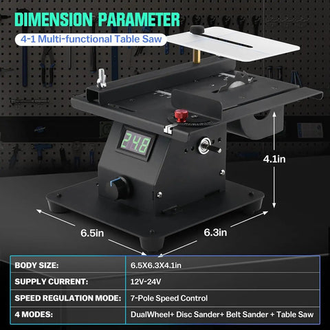Slick 4 In 1 Mini Table Saw With Led Voltage Display And 7 Adjustable Speeds For No Fuss Crafting And Woodworking Featuring 10 Sanding Belts Plus 90 Degree Adjustable Belt Sander Dual Bench Grinder And Polishing Wheel Kit showing dimensional specifications.