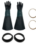 Green 23.6 Inch Sandblasting Gloves For Sandblaster Cabinets Rubber Protective Gloves Long Wear Tough As Nails For Heavy Duty Grinding Sand Crafting Great For Auto Shops And DIY Projects, showing a pair of green rubber gloves with cuffs and components.