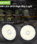 Two Beefy 300W UFO LED High Bay Lights in warehouse, 39,000 Lumens, 0-10V Dimmable, 5000K Daylight, 5 Ft Cable With US Plug