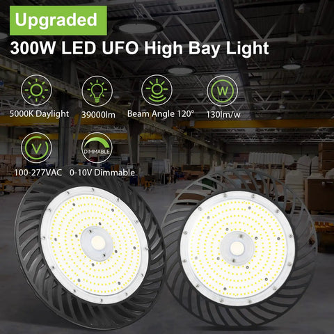 Two Beefy 300W UFO LED High Bay Lights in warehouse, 39,000 Lumens, 0-10V Dimmable, 5000K Daylight, 5 Ft Cable With US Plug
