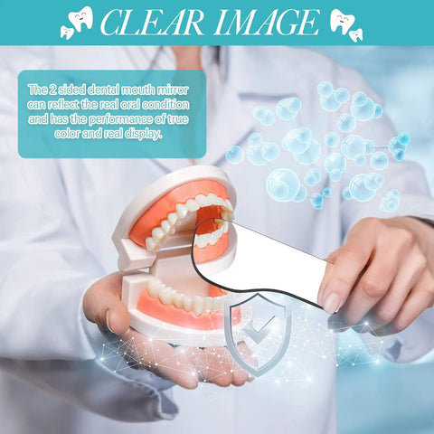 Five Piece Pro Grade Dental Mirror Kit With Five Unique Shapes For Intraoral Photography And Oral Inspection And Health Checks Double Sided Plated Glass Mirrors Includes Black Drawstring Bags Ideal For Clinic Dentist Office Or Home Use. Two-sided dental mouth mirror on model teeth
