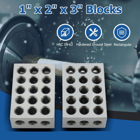 Front view of two gray 1x2x3 inch machinist blocks with 23 holes each, hardened steel.