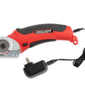 Stalwart Cordless Electric Scissors In Vibrant Red, compact design with charger, ideal for cutting various materials easily.