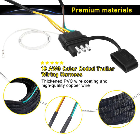 Close-up of 35Ft 4 Pin 5 Wire Trailer Wiring Harness Kit With Color Coded 18 AWG Wires, showing connector with premium materials
