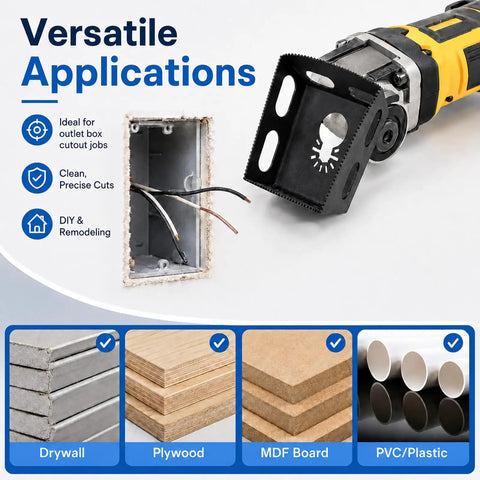 Two Pack Upgrade Pro Grade Drywall Outlet Cutter Set Fast Square and Rectangle Slot Cutters beside outlet box and materials