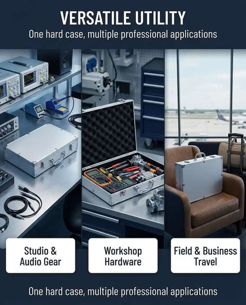 Hella Durable Aluminum Workhorse Case With Shock Absorbing Foam Base And Reinforced Corners For Everyday Grind, shown in studio, workshop, and travel settings.