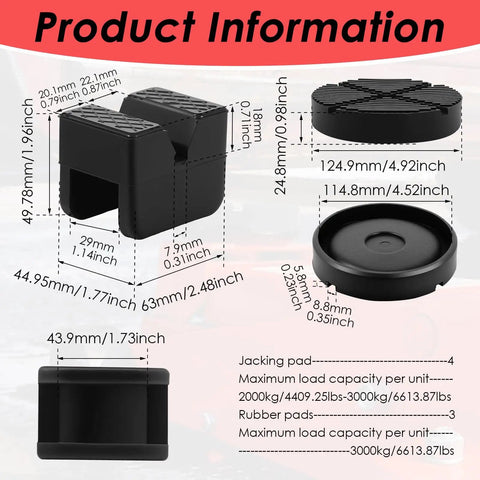 Universal Jack Stand Pads And Floor Jack Rubber Pad Kit, 7-Piece Combo dimensions and specifications, non-slip weld protector adapters.