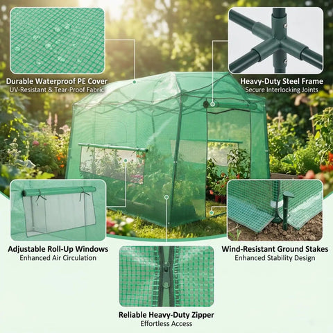 Walk In Pop Up Greenhouse For Indoor Or Outdoor Use 8.5 By 7 Ft Grow Tent With Zippered Doors Screen Windows Heavy Duty Frame And Weather Resistant PE Cover For Plants Veggies Herbs And Flowers