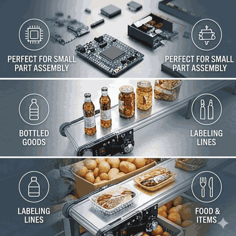 12V Variable Speed Industrial Conveyor Belt System With Controller 116 RPM displayed in small part assembly, labeling lines, and food items processing.