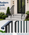 Adjustable 2 Pack Outdoor Stair Handrail Kit Tough As Nails Built With Galvanized Steel And Black Powder Coated Industrial Pipe Style Featuring Rugged Balusters For Porch Concrete Step Safety Support That Hold Fast In Wet Or Icy Conditions - Modern design with oval armrests and middle balusters.