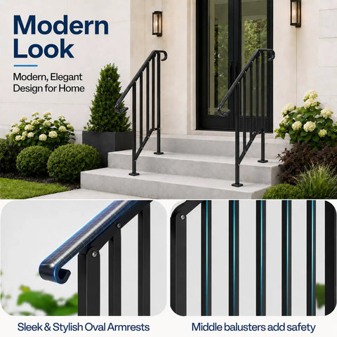 Adjustable 2 Pack Outdoor Stair Handrail Kit Tough As Nails Built With Galvanized Steel And Black Powder Coated Industrial Pipe Style Featuring Rugged Balusters For Porch Concrete Step Safety Support That Hold Fast In Wet Or Icy Conditions - Modern design with oval armrests and middle balusters.