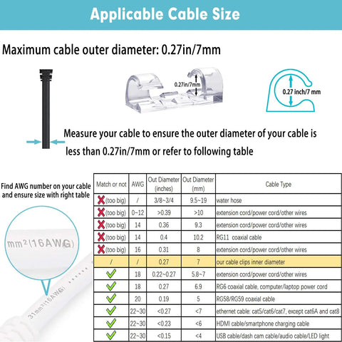 Diagram showing applicable cable sizes for Self-Adhesive Cable Clips Organizer For Cord Management, max diameter 0.27 inch.