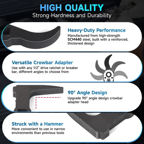 Two Pack Pry Bar Wrench Adaptor Heads For Half Inch Drive Ratchets With 8 Point Square Profile And 90 Degree Hammerable Rolling Head Adjustable Angle Crowbar Adapters For Tight Spaces; infographic showing features and SCM440 steel material