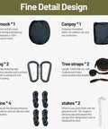 Components of All In One Camping Hammock With Mosquito Net And Rain Fly Tarp including hammock, canopy, D-rings, tree straps.