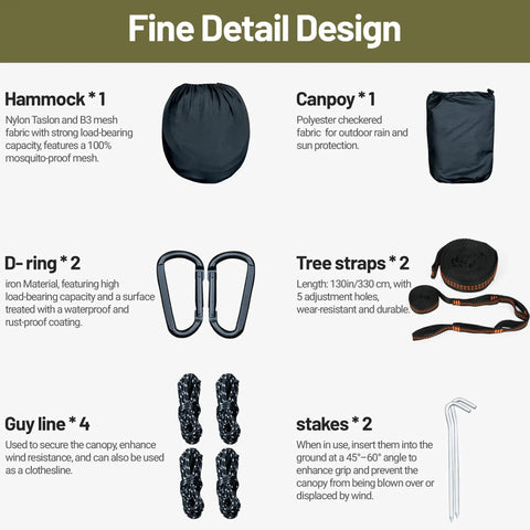 Components of All In One Camping Hammock With Mosquito Net And Rain Fly Tarp including hammock, canopy, D-rings, tree straps.