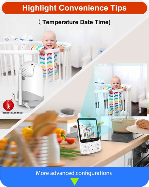 No WiFi Baby Monitor With Voice Activated Night Vision 4 Inch IPS Screen 2 Way Talk PTZ Remote Pan Tilt Zoom on kitchen counter.
