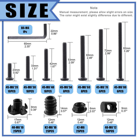 192 Piece M6 Hardware Kit For Wood Furniture And Cabinetry DIY Ready All In One Set Includes Hex Socket Cap Screws In 20 30 40 50 60 70 80mm Barrel Nuts Threaded Inserts T Nuts Flange Nuts And Allen Wrench For Beds Cribs And More, showing various sizes of screws and hardware components