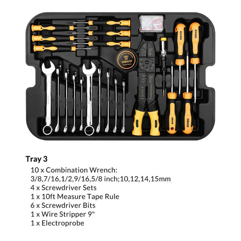 Tray with wrenches, screwdrivers, wire stripper. Part of the All In One 258 Piece Tool Kit With Rolling Tool Box And Socket Wrench Set.