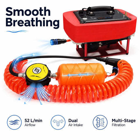 Tankless Scuba Diving System For Easy Underwater Breathing Portable Rechargeable Lung Tank with red case and orange hose