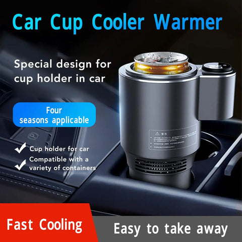 Smart 2 In 1 Car Cup Cooler And Warmer Perfect Tumbler Holder in car cup holder, black aluminum design for beverages, fast cooling and heating.
