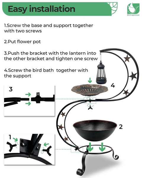 Installation steps for Solar Bird Bath For Outdoors With Vintage Metal Standing Bowl Two Tier Design Flower Planter.