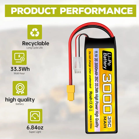 3S 11.1V 3000mAh 35C RC Battery With XT60 Plug And USB Charging Cable displayed with performance features.