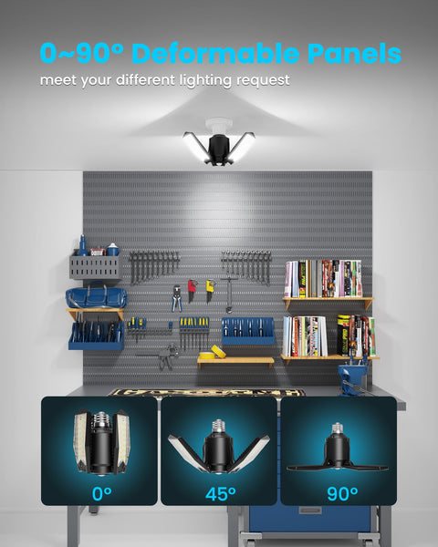 Motion Sensor Garage Light 80W 8000LM Deformable LED Shop Light with Remote and Wall Switch Dual Control installed in workshop
