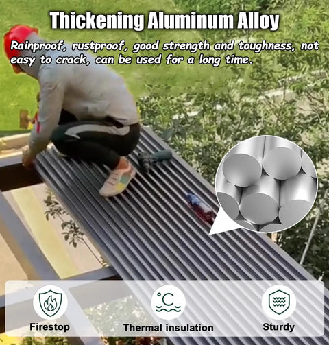 Installing 10 Pack Built Tough Corrugated Aluminum Roof Panels With Thermal Insulated Core for pergola, showing durable sheets.