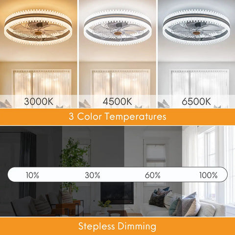 Dope Bladeless 20 Inch Indoor Flush Mount Ceiling Fan With Lights And Remote App Control, showing color temperatures and dimming