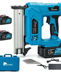 Top Shelf Cordless Brad Nailer Kit With 21V Power And Hella Long Battery Life For Smooth Woodworking And Zero Hassle Panel Fastening In Home Repairs Featuring Two Rechargeable Cells And Rugged Toolbox with two batteries, charger, and nails.