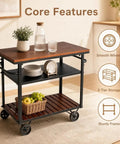 Smooth Rolling Three Tier Bar Cart With Sturdy Handle And Mobile Kitchen Microwave Rolling Stand With Chic Industrial Beverage Serving Design In Rustic Brown Metal And Wood showcasing solid top and three tier storage.