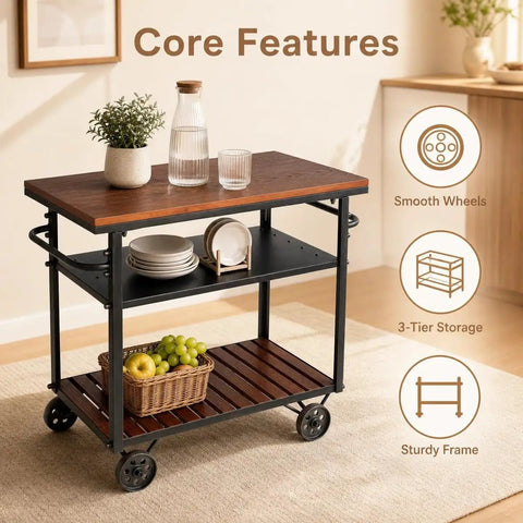 Smooth Rolling Three Tier Bar Cart With Sturdy Handle And Mobile Kitchen Microwave Rolling Stand With Chic Industrial Beverage Serving Design In Rustic Brown Metal And Wood showcasing solid top and three tier storage.